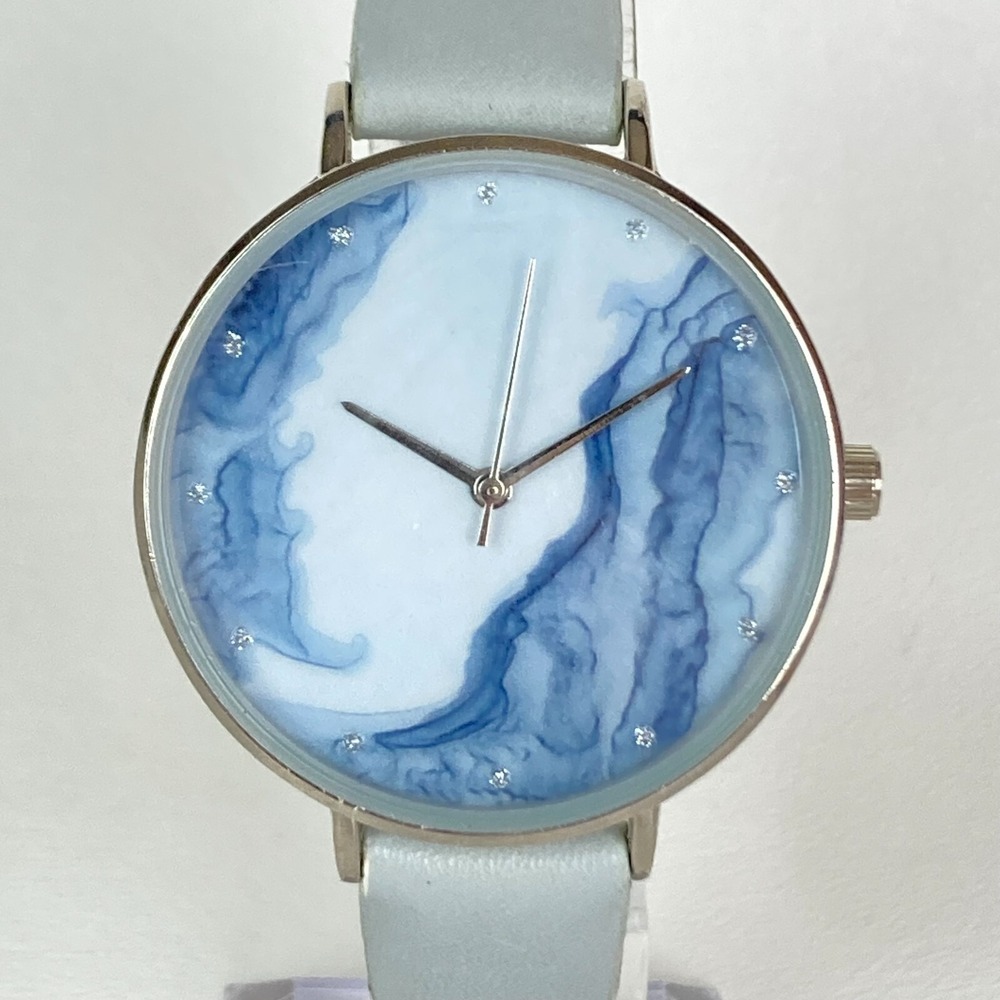 Women's Watch 36mm Watercolor Silver Tone Blue Gray Faux Leather New Battery